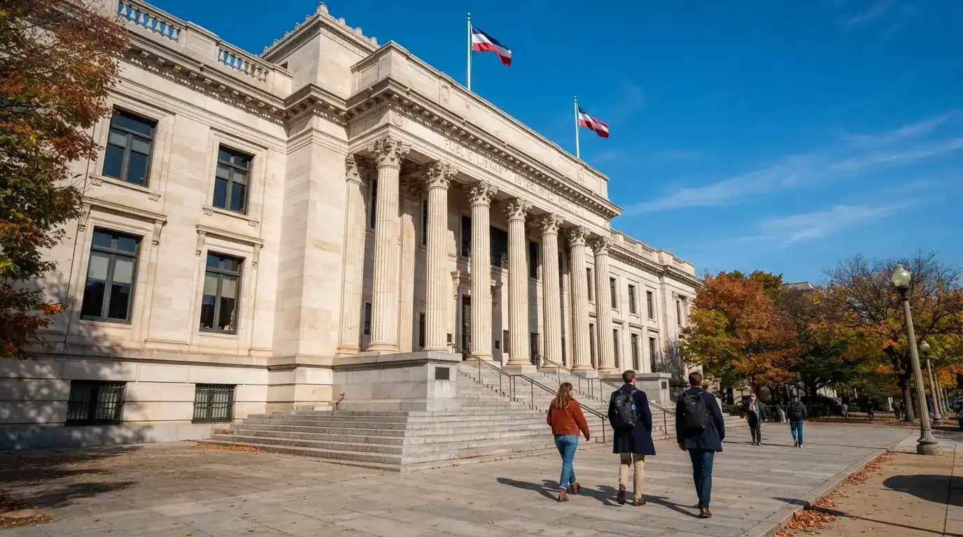 Offentlig bygning av lys stein med flagg i klarvær og noen få forbipasserende
