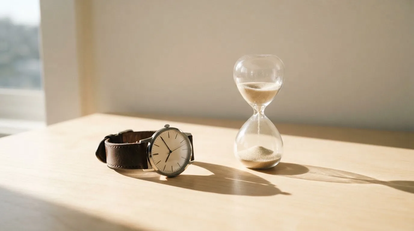 Armbåndsur og en liten sandklokke på et skrivebord, dagslys fra siden